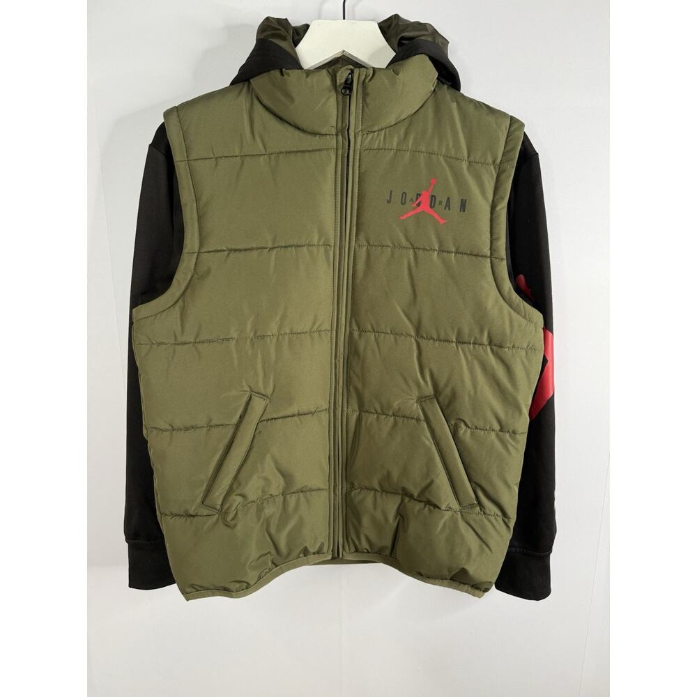 NIKE AIR JORDAN Puffer Vest Hoodie Jacket L 12-13 Yrs Black Therma Fit Spell Out